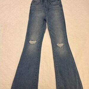 Good American Distressed High-Rise Flare Jeans in Medium Blue